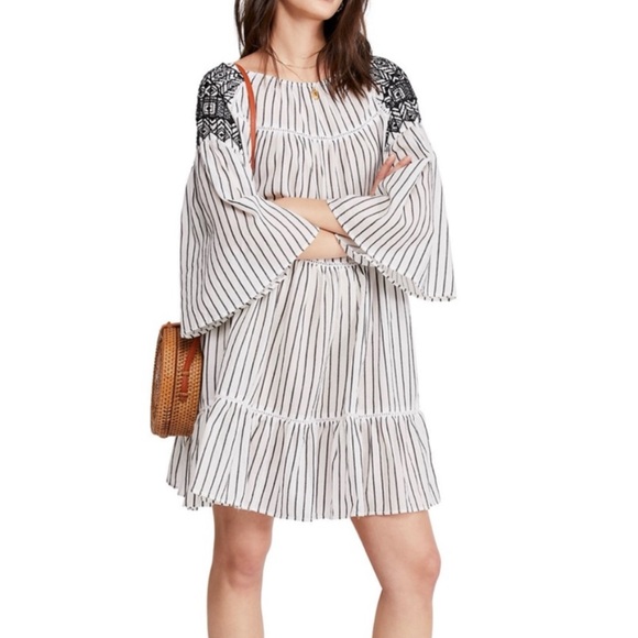 Free People Dresses & Skirts - Free People Black White Striped Lola Embroidered Mini Dress XS Boho Oversized